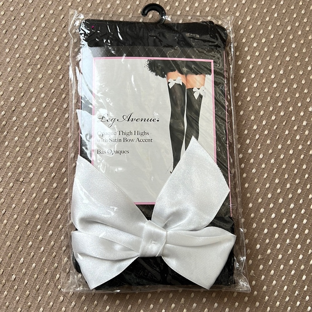 Thigh high , black with satin white bow New great for Valentines